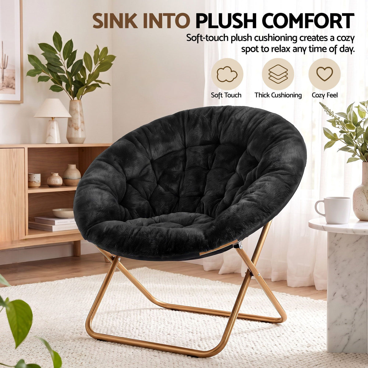 Cozy Folding Faux Fur Saucer Chair – Black