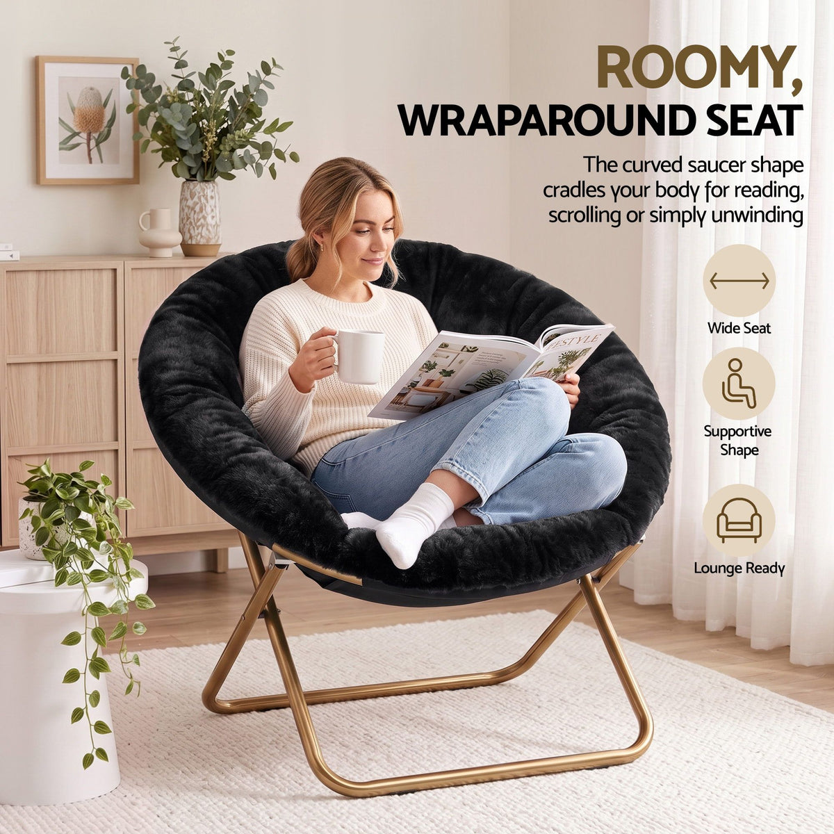 Cozy Folding Faux Fur Saucer Chair – Black