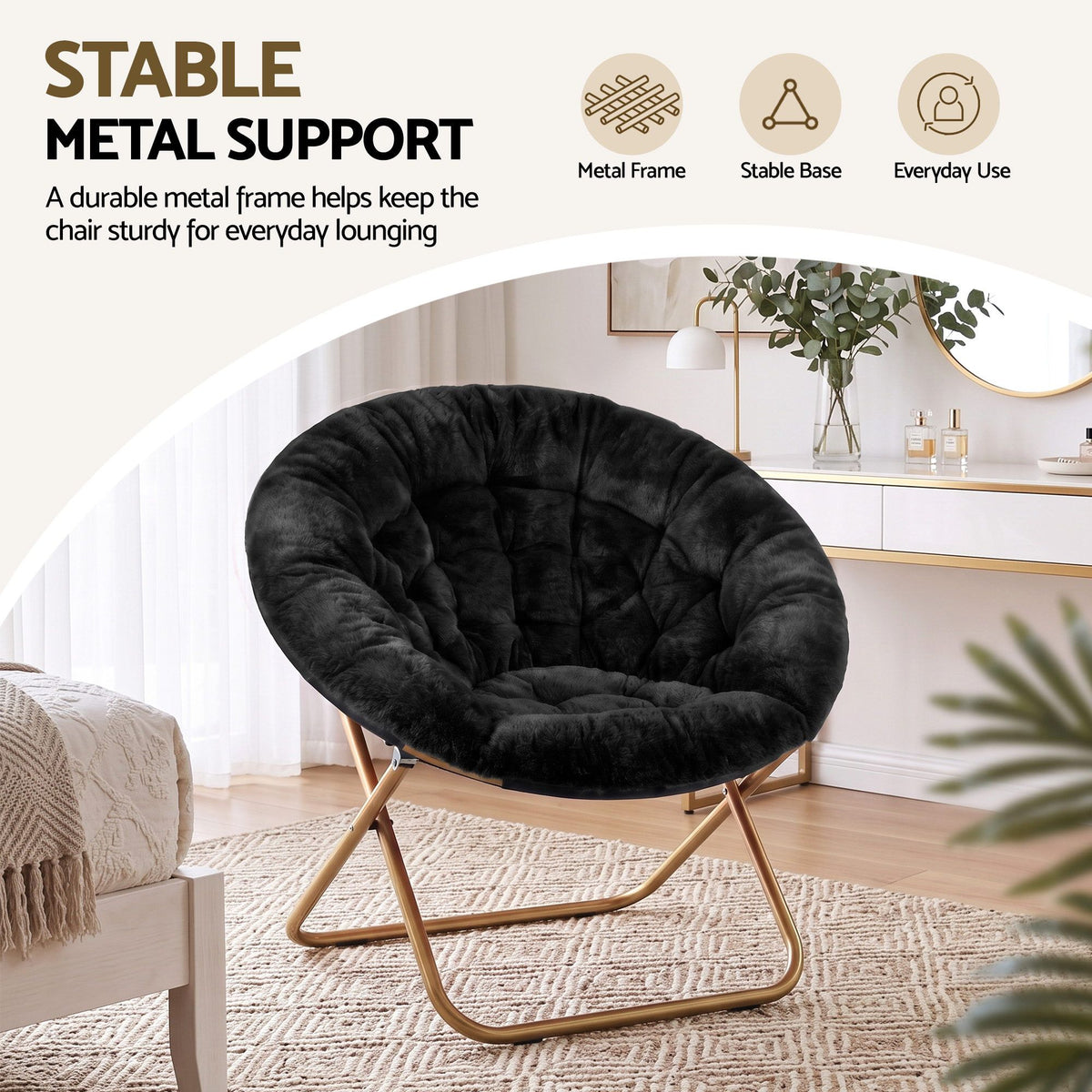 Cozy Folding Faux Fur Saucer Chair – Black