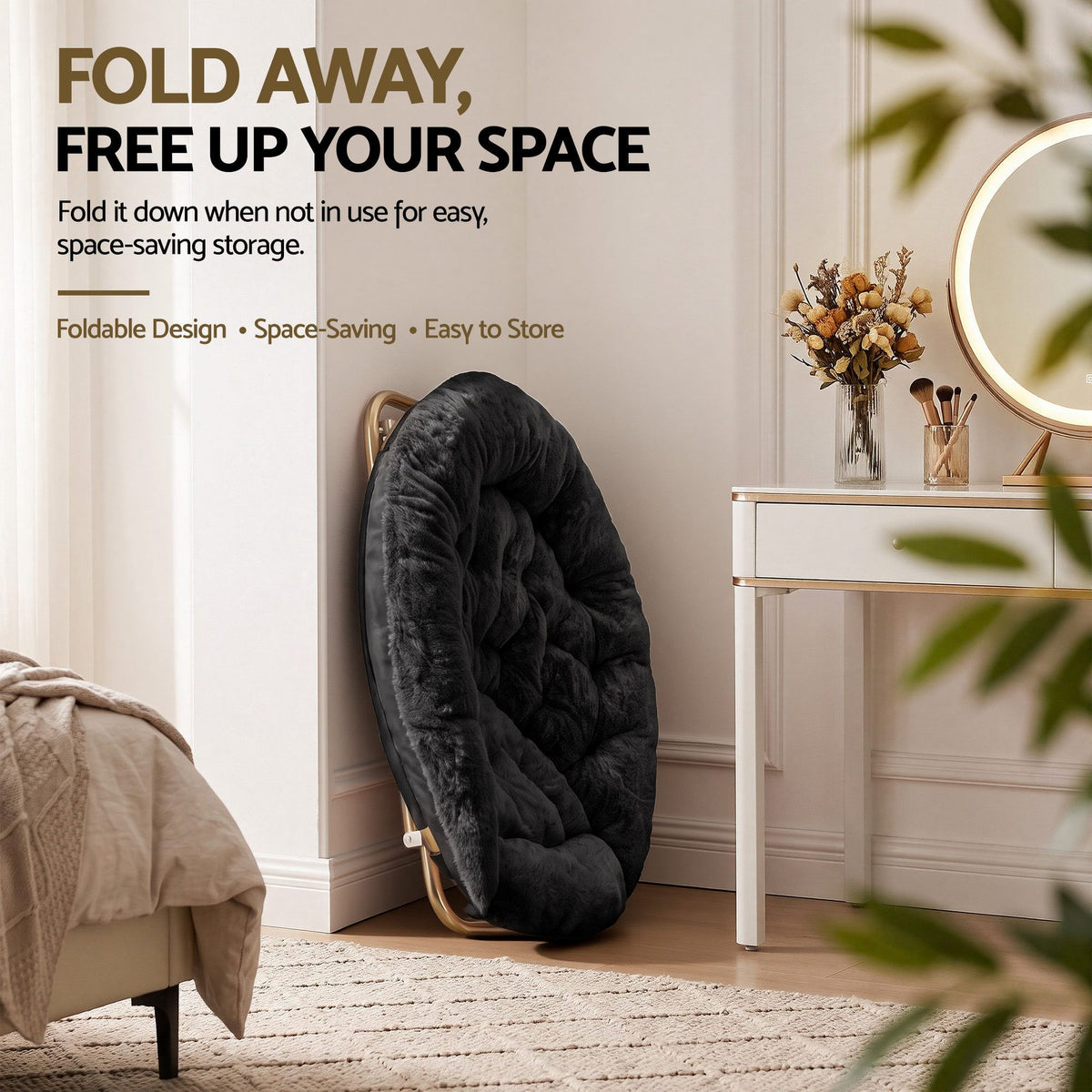 Cozy Folding Faux Fur Saucer Chair – Black