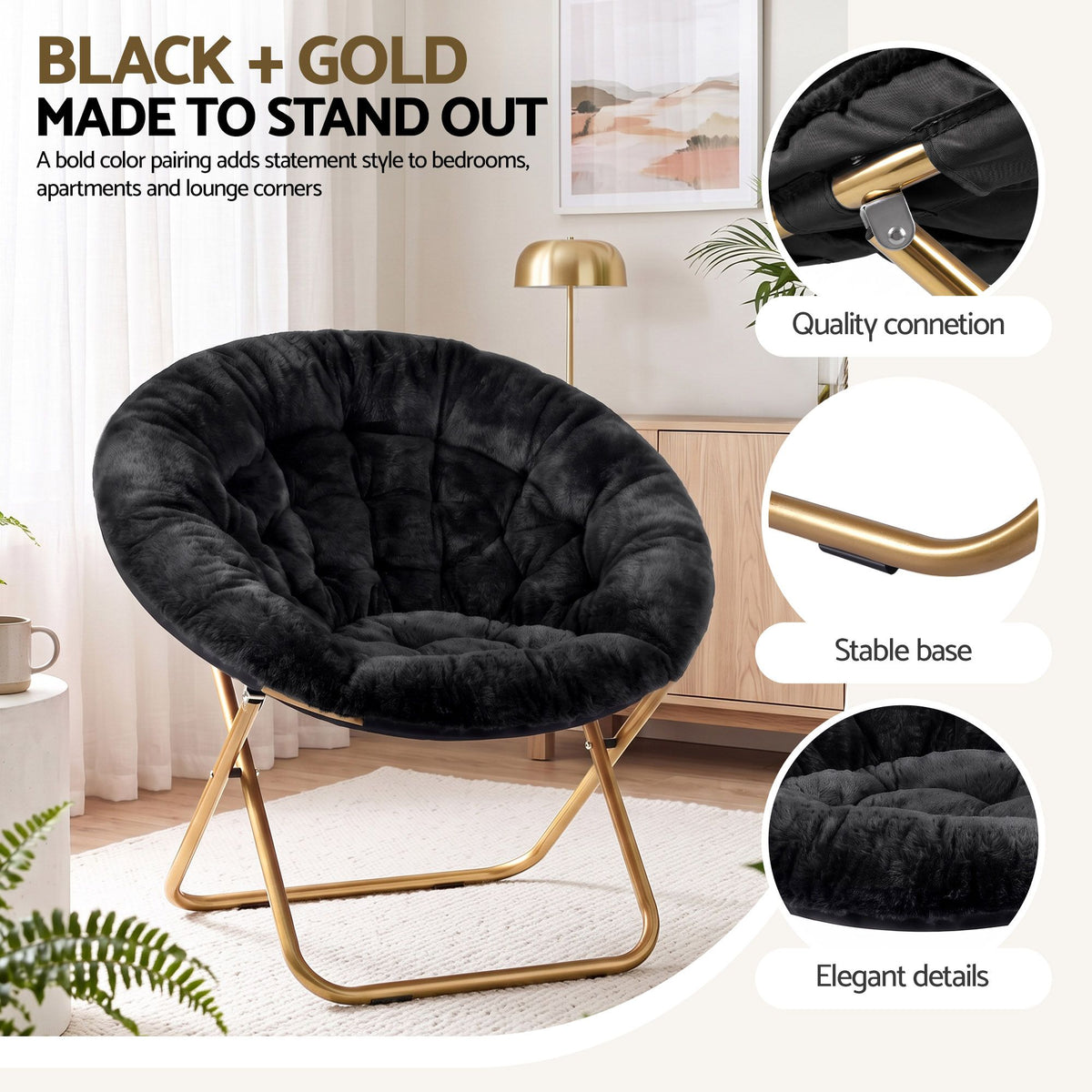 Cozy Folding Faux Fur Saucer Chair – Black