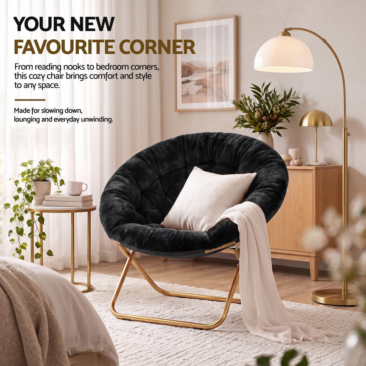Artiss Cozy Saucer Chair Soft Faux Fur Folding Accent Chair for Bedroom Black