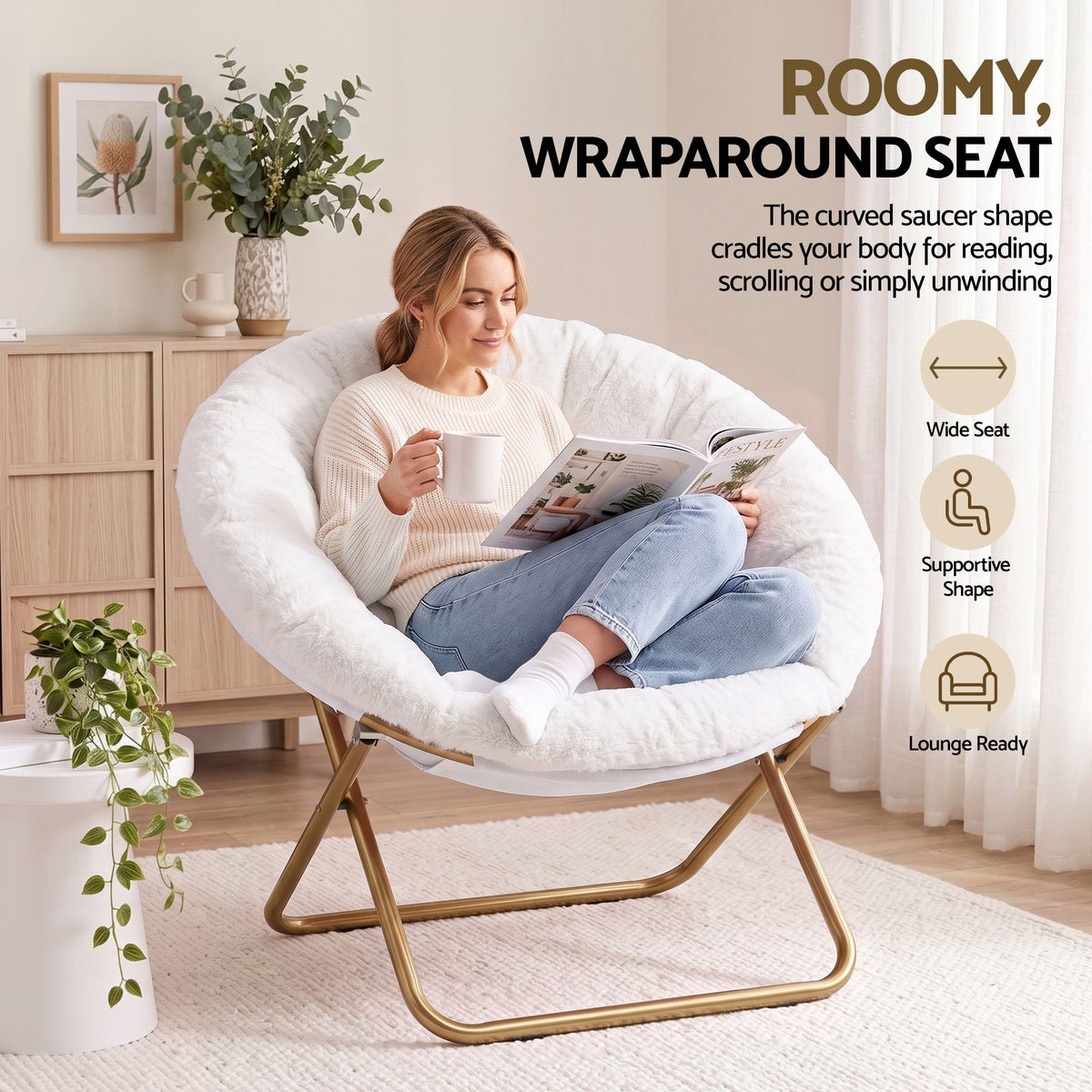 Cozy Folding Faux Fur Saucer Chair – White