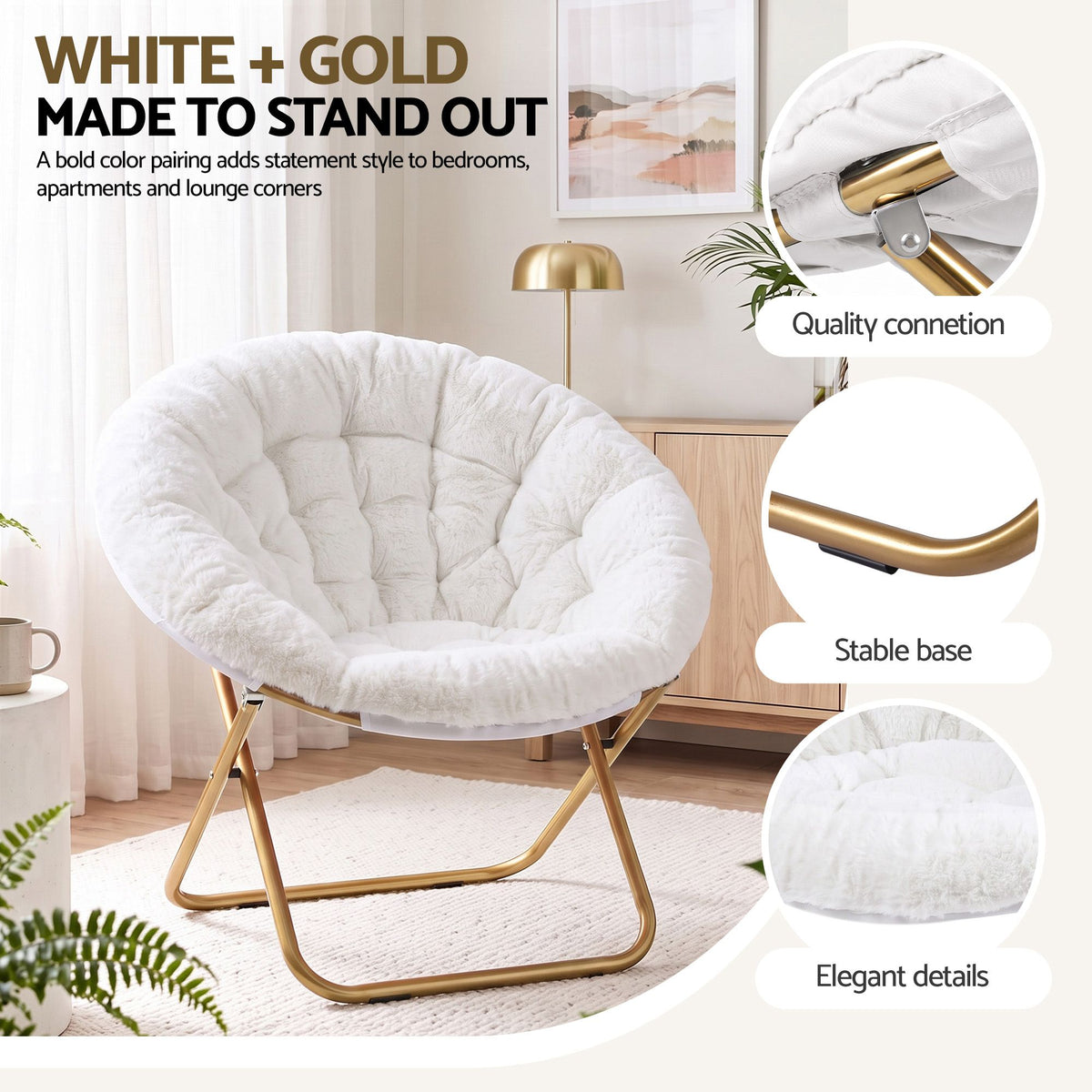 Cozy Folding Faux Fur Saucer Chair – White