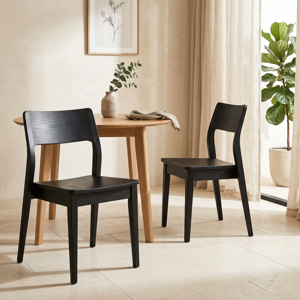 Providence black oak dining chairs in a warm dining nook