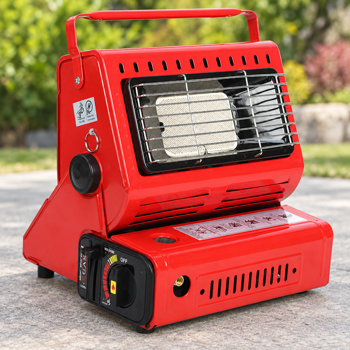 Portable Camping Gas Heater Outdoor Heating Stove Gas Baking Hunting Warmer AU RED on an open outdoor patio