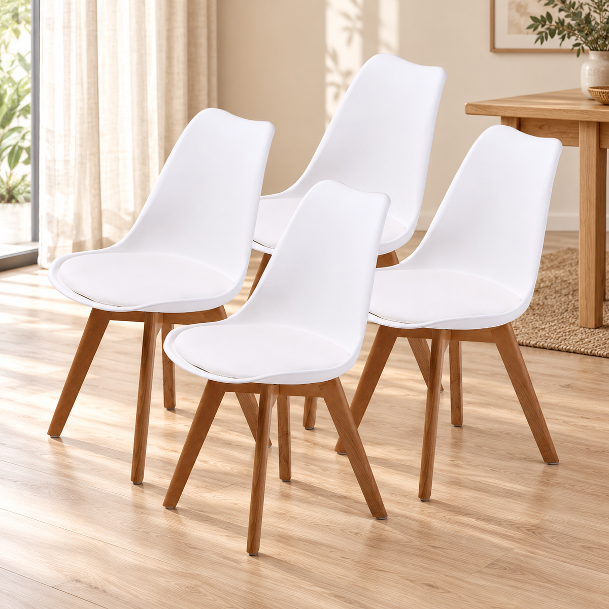 Retro Dining Chair Set – Padded White Seat, Beech Wood Legs (4 Pack) in a warm neutral dining room