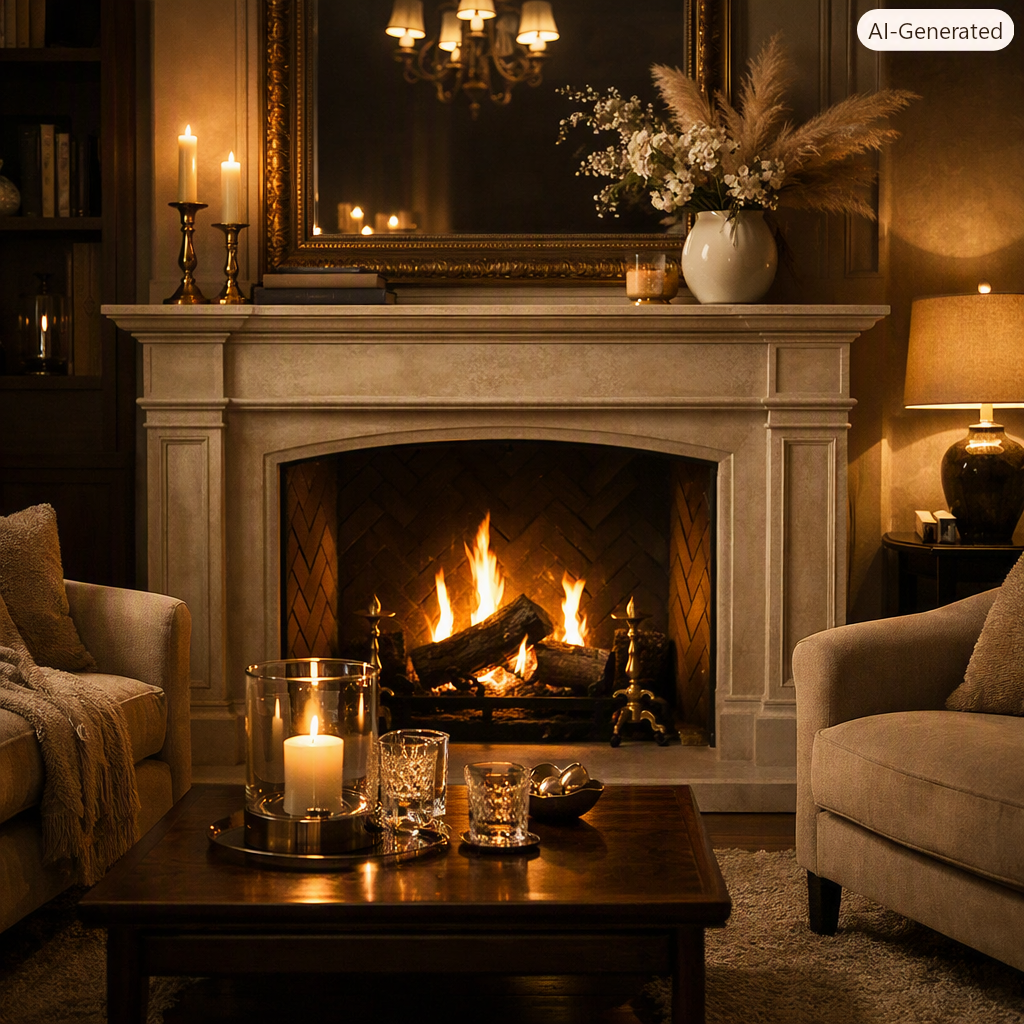 Warm outdoor entertaining winter with a cozy fireplace, textured furnishings, and soft lighting for inviting gatherings.