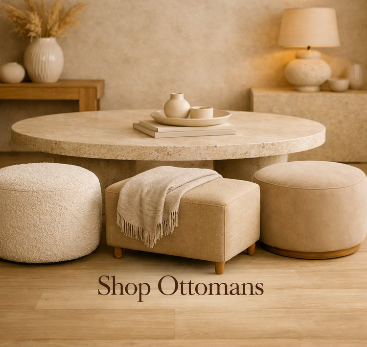 Modern velvet ottomans arranged in a warm, curated living space, showcasing comfort and natural textures.