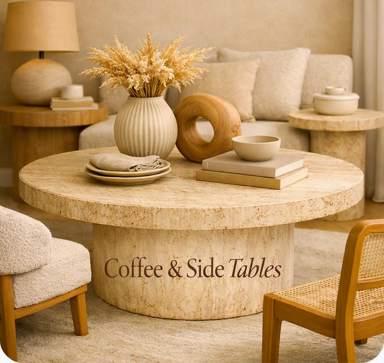 A serene living space featuring modern coffee and side tables with timber and wicker elements, soft textures, and warm hues.