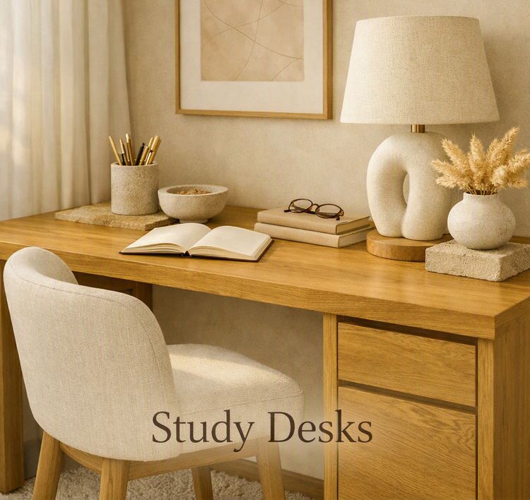 A serene workspace featuring ergonomic study desks with warm timber, textured chair, and gentle lighting for comfort and focus.