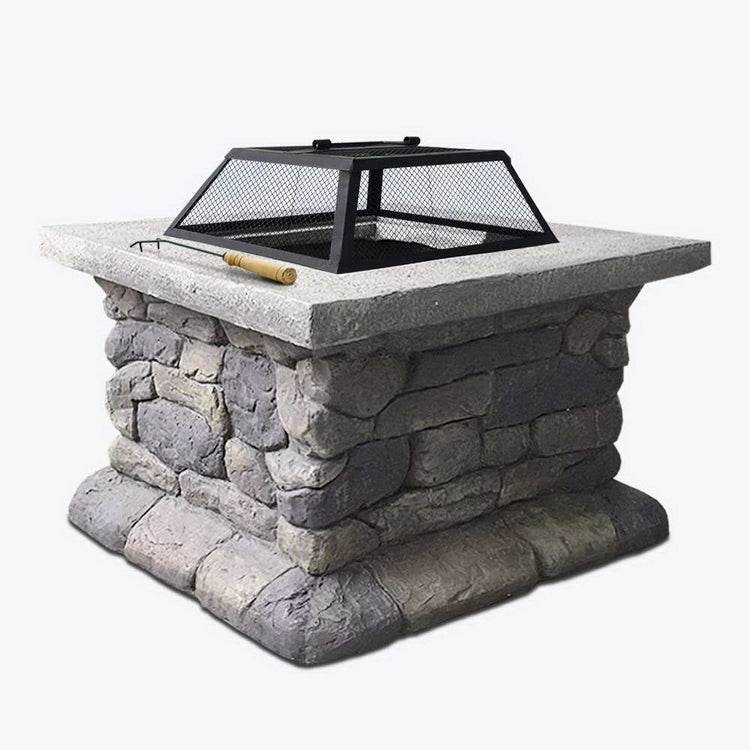 Outdoor fire pits featuring a stone base and metal mesh cover, perfect for modern Australian outdoor living.
