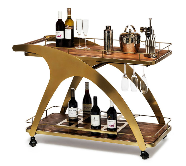 Bar & Accessories collection featuring a premium timber and gold bar cart with assorted wines and elegant glassware.