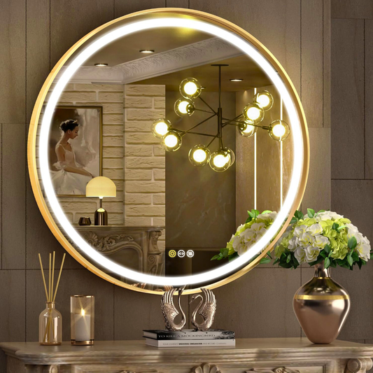 Round LED Dimmable Aluminum Fram HD Glass Wall Mounted Illuminated Vanity Mirror