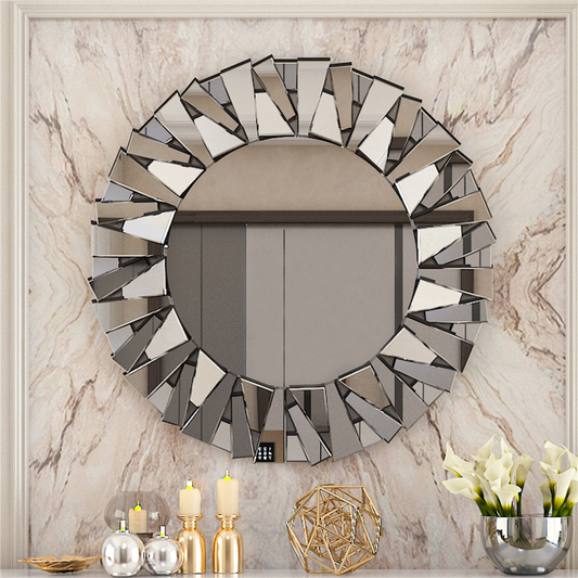 Unique Sunburst Decorative Wall Mounted Beveled Glass Accent Mirror - Round 80CM Silver
