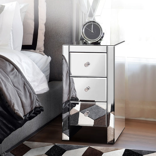 Bedside Table Mirrored Cabinet Nightstand Side End Table Drawers