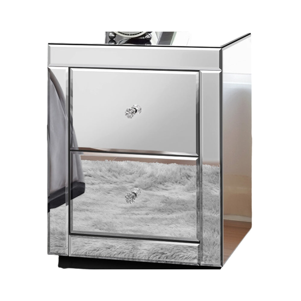 Bedside Table Mirrored Cabinet Nightstand Side End Table Drawers
