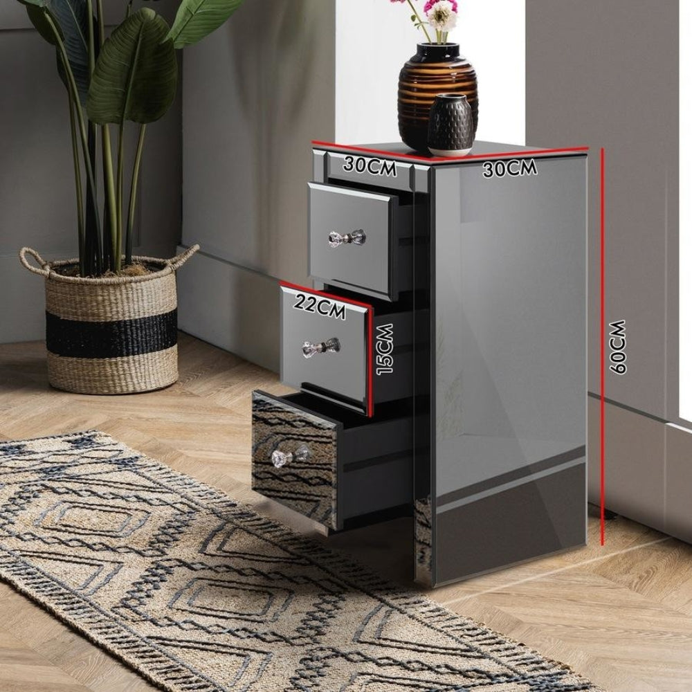 Bedside Table Mirrored Cabinet Nightstand Side End Table Drawers