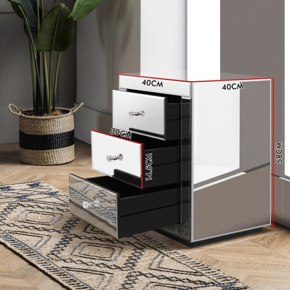 Bedside Table Mirrored Cabinet Nightstand Side End Table Drawers