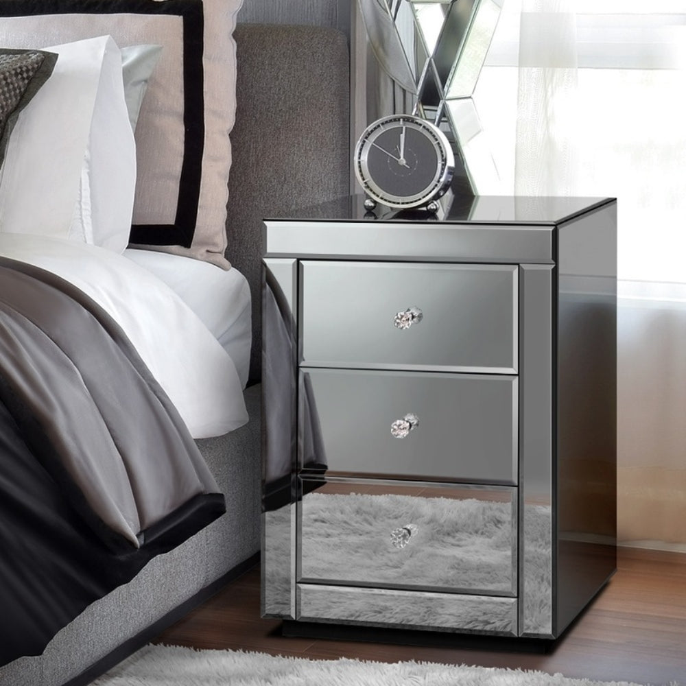 Bedside Table Mirrored Cabinet Nightstand Side End Table Drawers