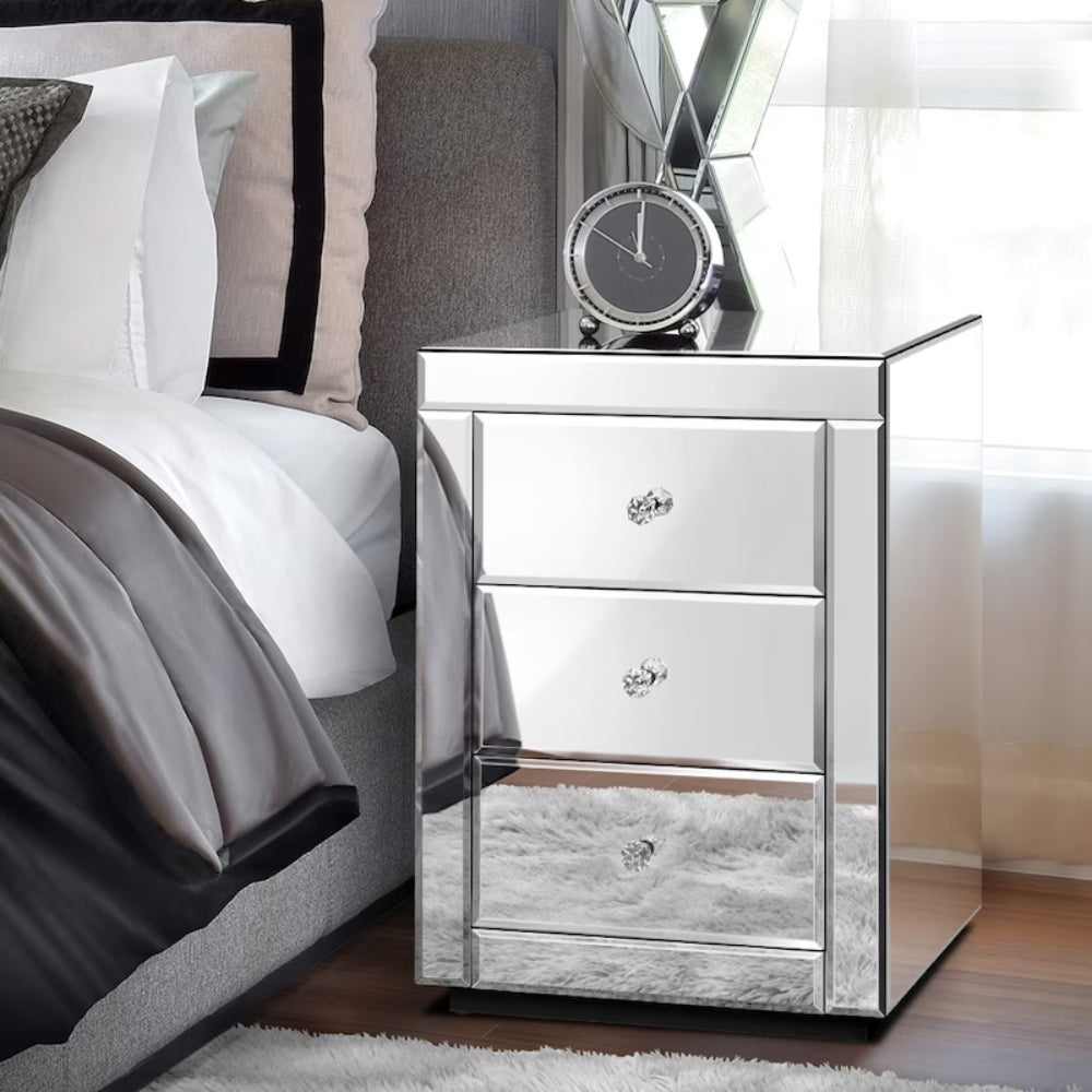 Bedside Table Mirrored Cabinet Nightstand Side End Table Drawers