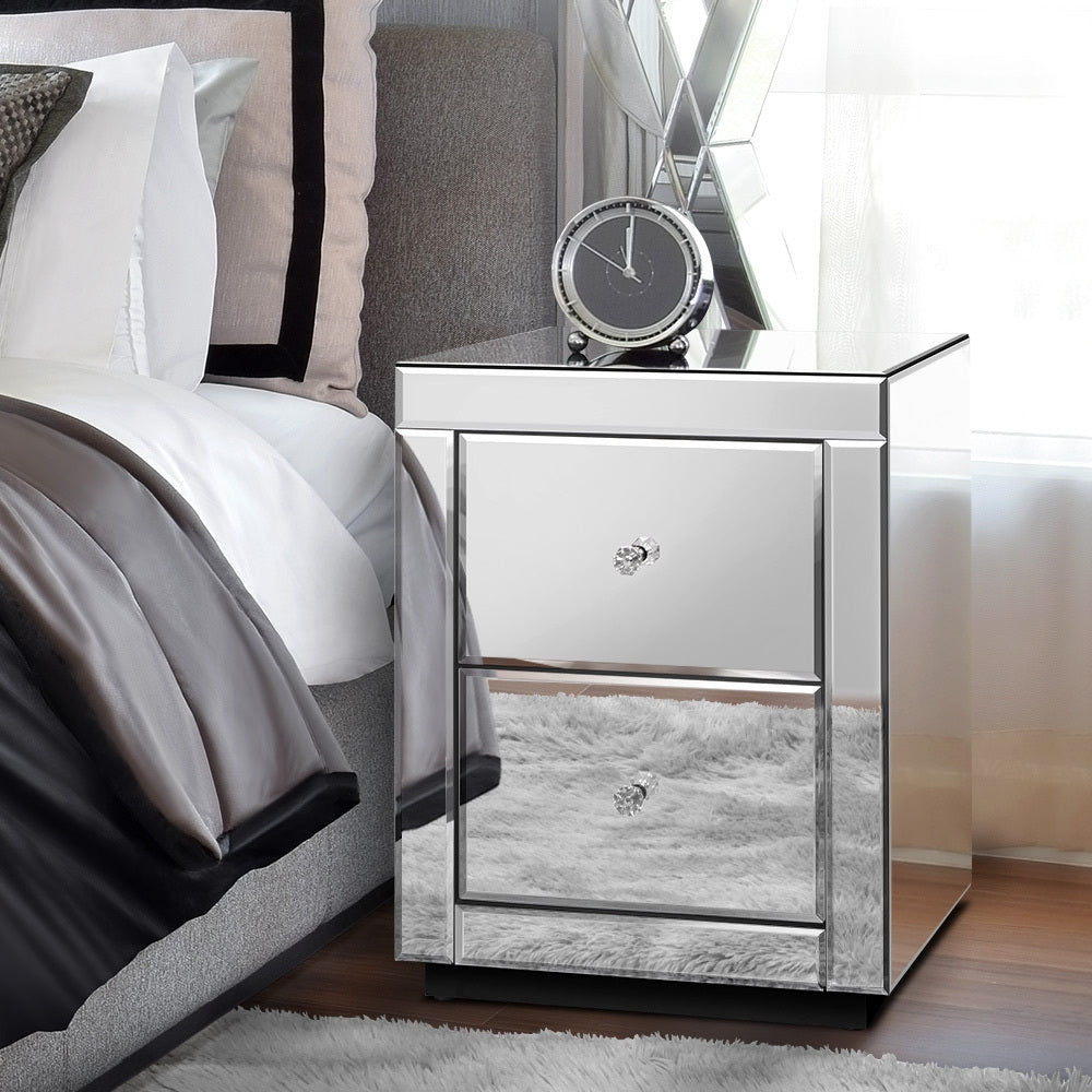 Bedside Table Mirrored Cabinet Nightstand Side End Table Drawers