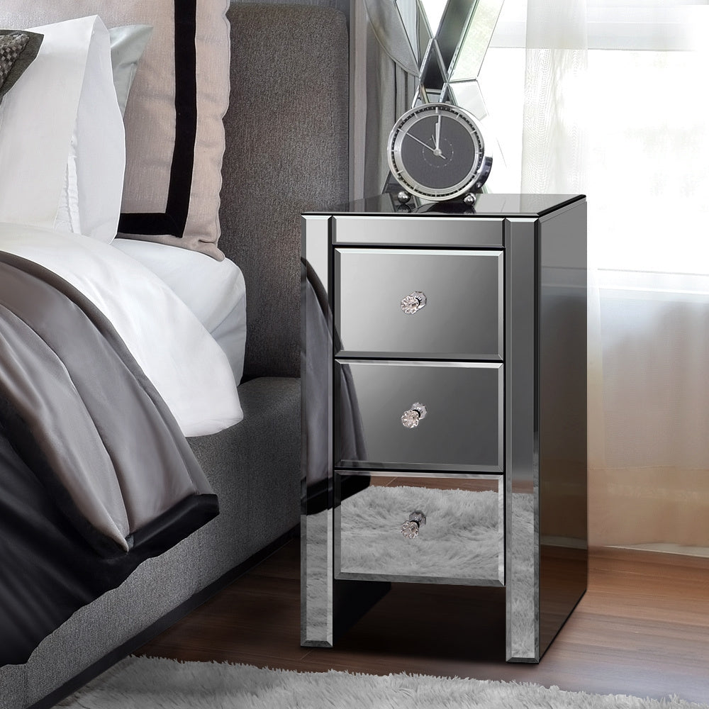Bedside Table Mirrored Cabinet Nightstand Side End Table Drawers