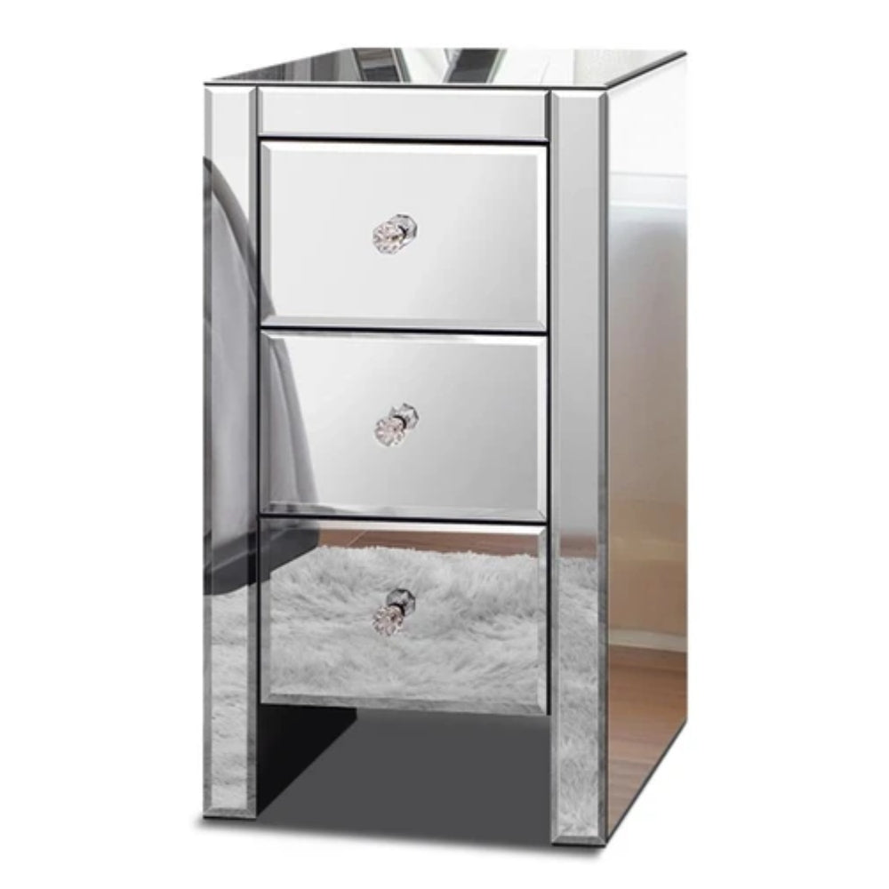 Bedside Table Mirrored Cabinet Nightstand Side End Table Drawers