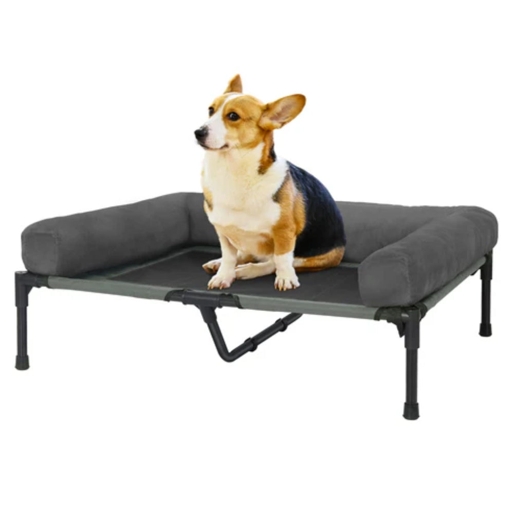 Elevated Dog Bed with Detachable Plush Bolster - Cooling, Grey, Multiple Sizes