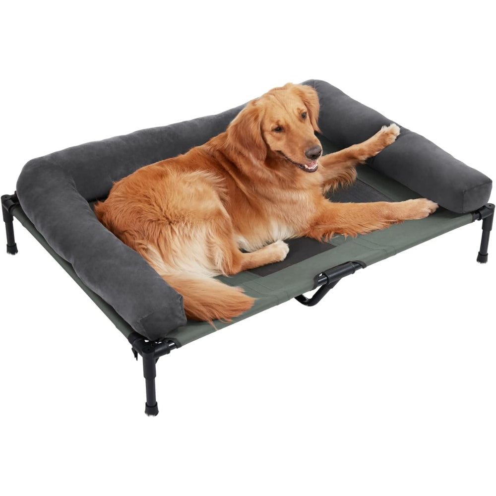 Elevated Dog Bed with Detachable Plush Bolster - Cooling, Grey, Multiple Sizes