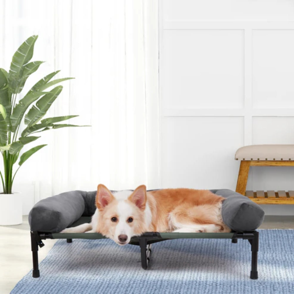 Elevated Dog Bed with Detachable Plush Bolster - Cooling, Grey, Multiple Sizes
