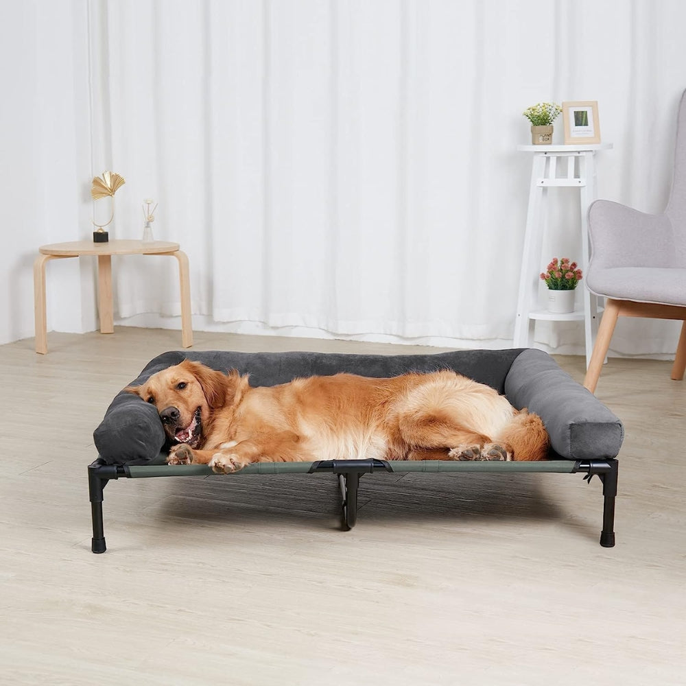 Elevated Dog Bed with Detachable Plush Bolster - Cooling, Grey, Multiple Sizes