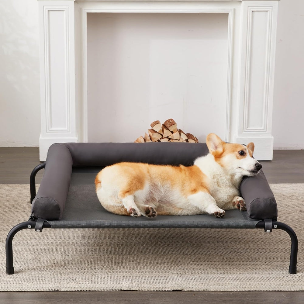 Elevated Dog Bed with Detachable Plush Bolster - Cooling, Grey, Multiple Sizes