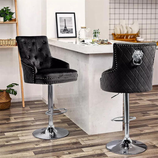 Velvet Swivel Bar Stools with Luxurious Upholstery and Lion Knocker Detail