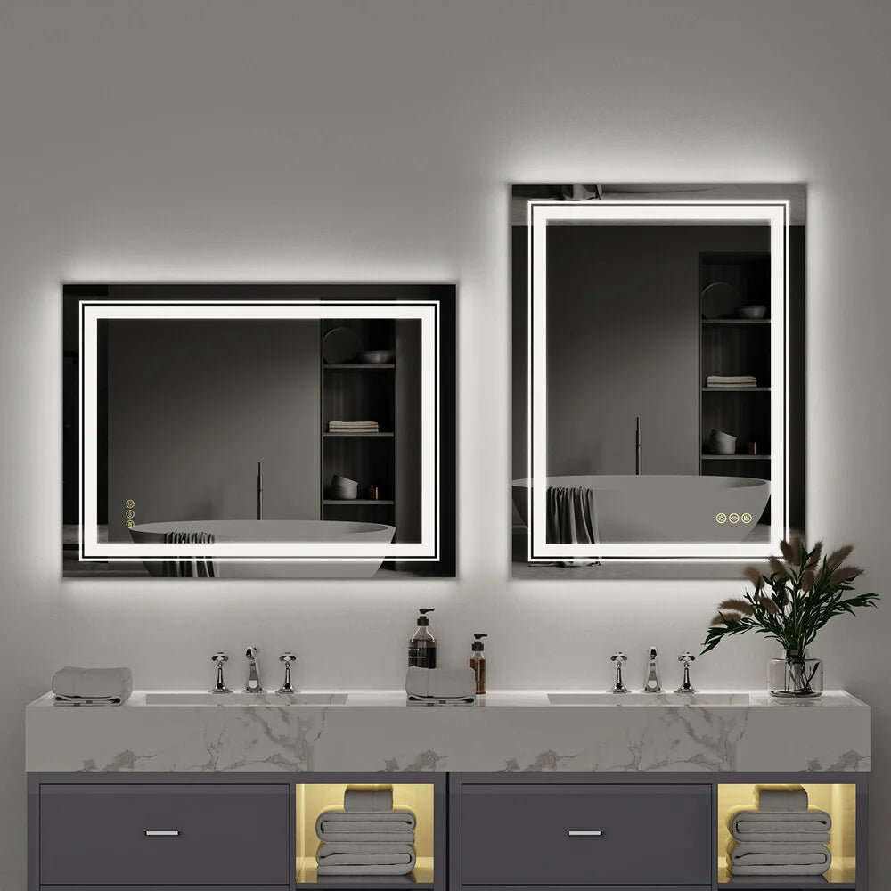 Smart LED Bathroom Mirror - Dimmable, Defog, Waterproof, Silver Aluminum
