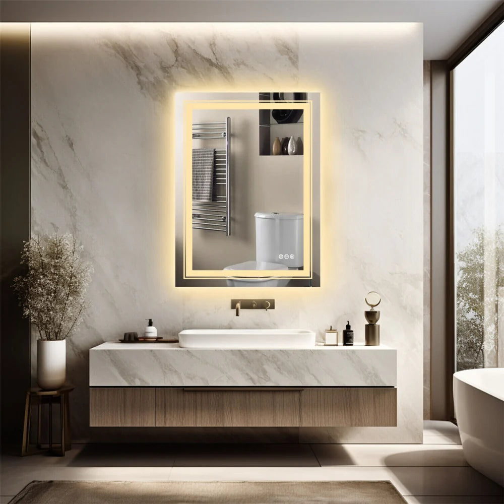Smart LED Bathroom Mirror - Dimmable, Defog, Waterproof, Silver Aluminum