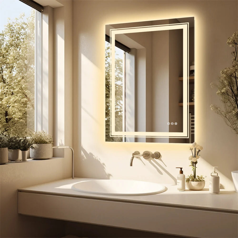 Smart LED Bathroom Mirror - Dimmable, Defog, Waterproof, Silver Aluminum