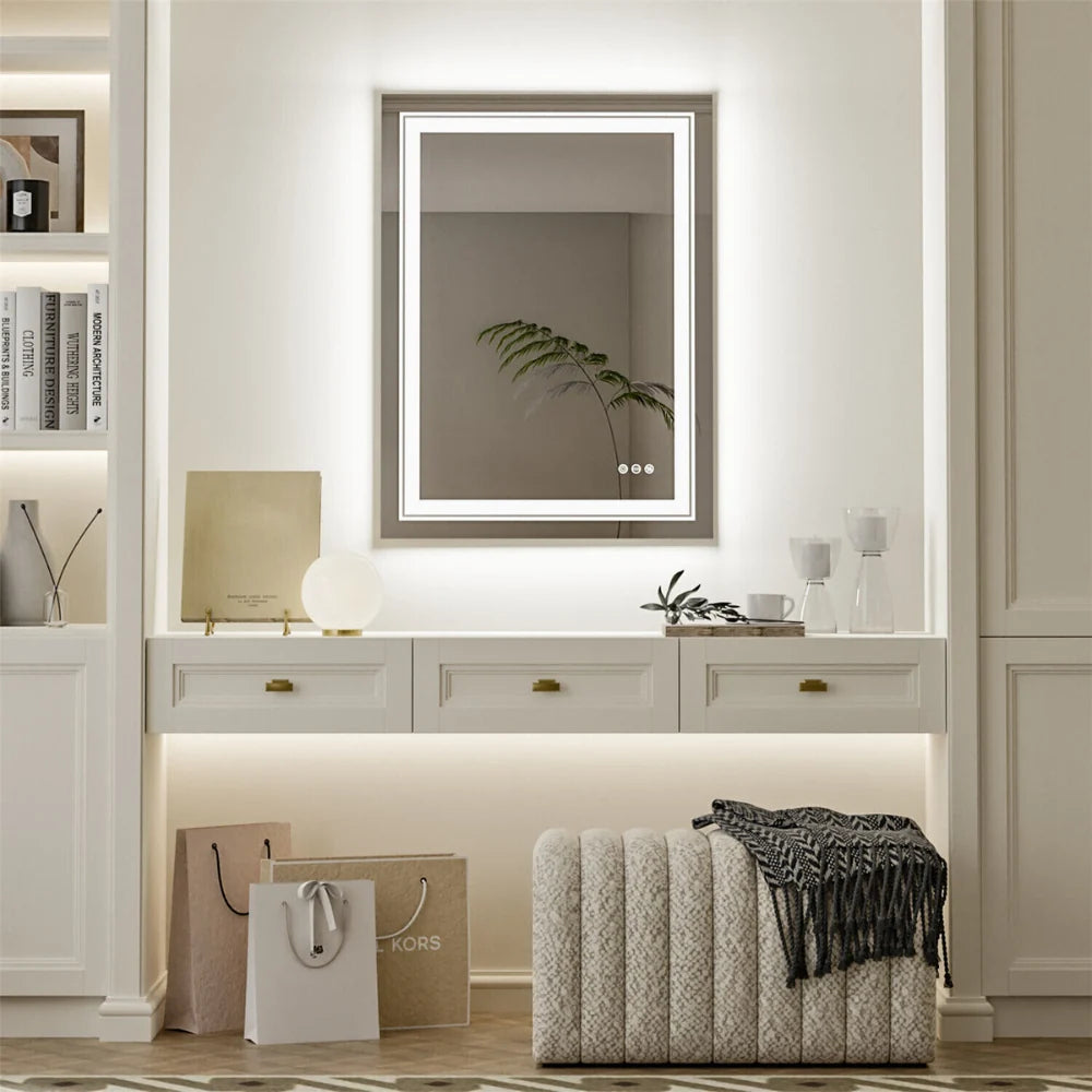 Smart LED Bathroom Mirror - Dimmable, Defog, Waterproof, Silver Aluminum