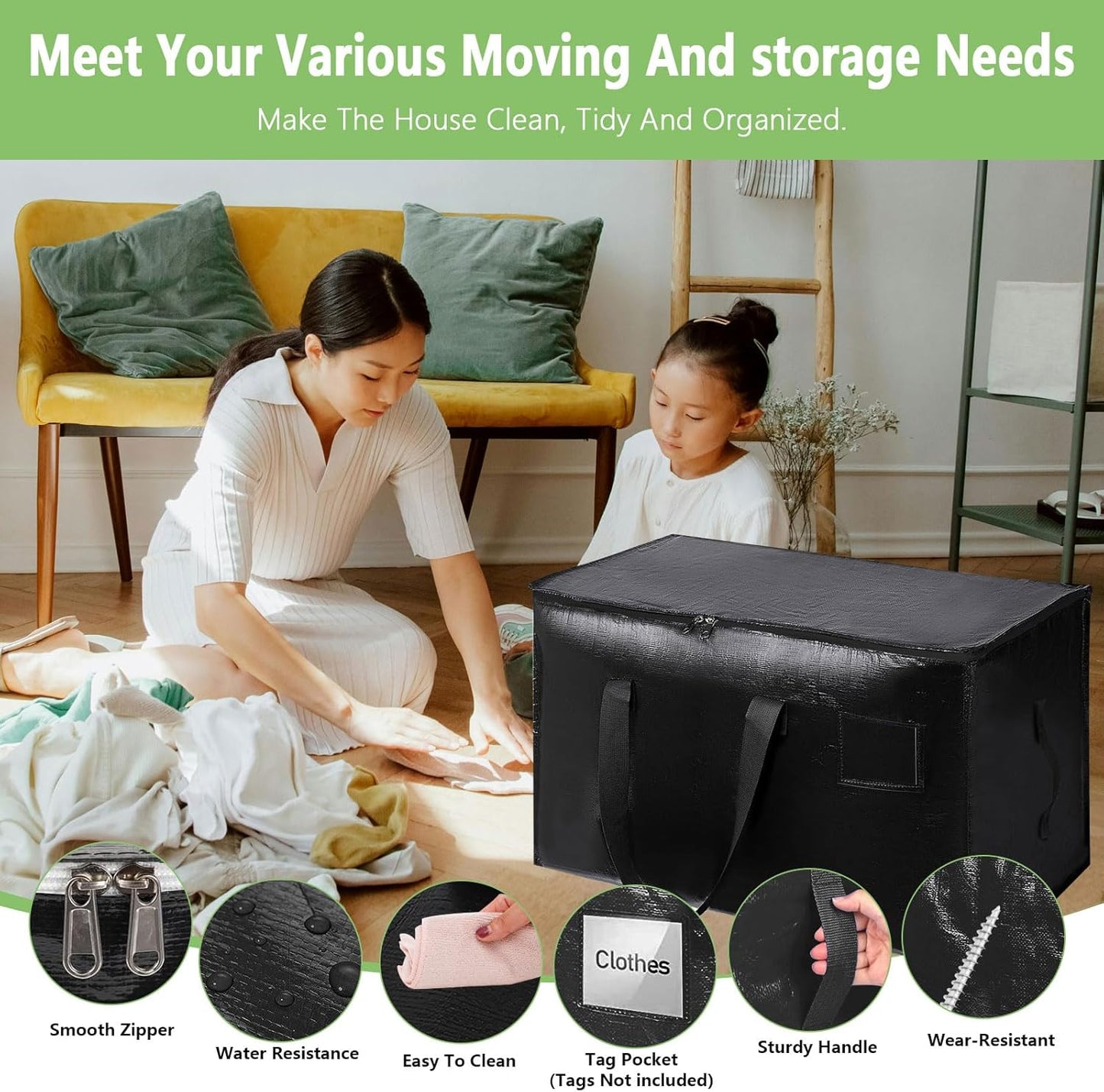 CARLA HOME 6-Pack Large Moving Storage Bags with Zippers & Handles with 95 Liters Capacity for Space Saving, Travel, Camping & Organization (Black)-2050057505488375812