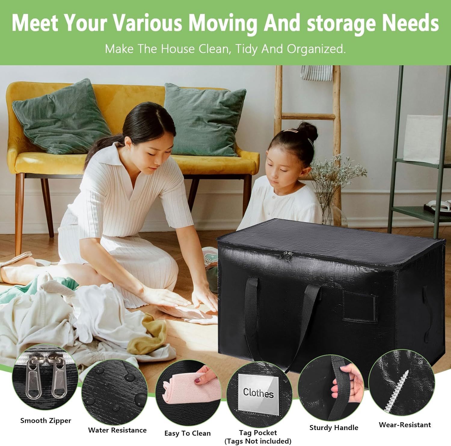 CARLA HOME 6-Pack Large Moving Storage Bags with Zippers & Handles with 95 Liters Capacity for Space Saving, Travel, Camping & Organization (Black)-2050057505488375812