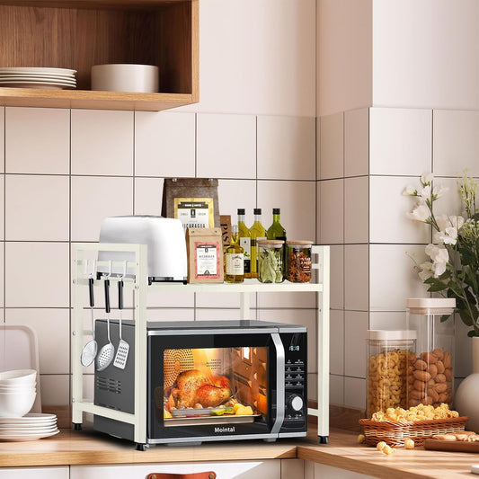 CARLA HOME 2-Tier Microwave Oven Rack with Adjustable Metal Kitchen Shelf Stand for Countertop Storage and 6 Hooks for Utensils (White)-2050057510974525441
