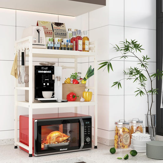 CARLA HOME 3-Tier Microwave Oven Rack with Adjustable Metal Kitchen Shelf Stand for Countertop Storage and 6 Hooks for Utensils-2050057511133908993