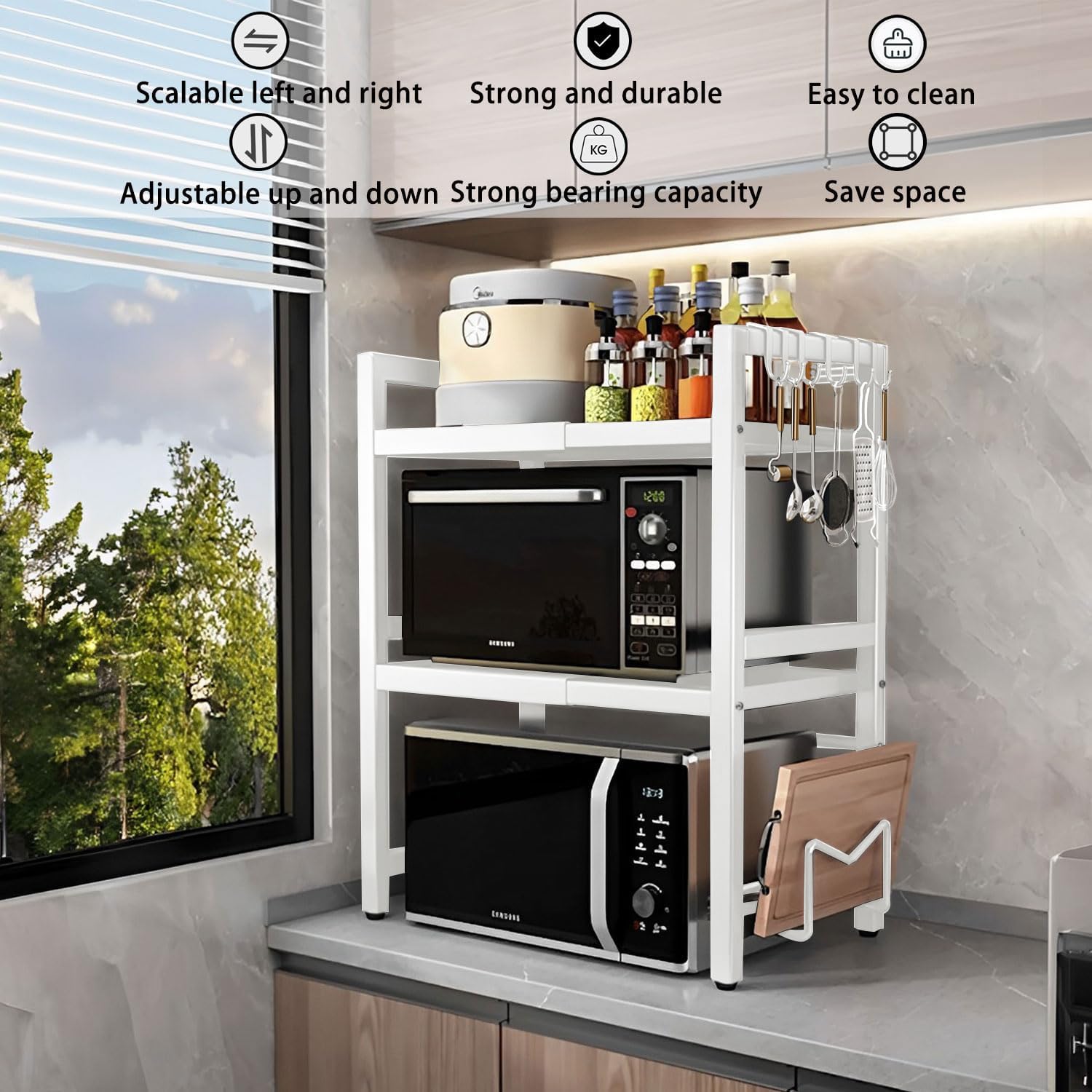 CARLA HOME 3-Tier Microwave Oven Rack with Adjustable Metal Kitchen Shelf Stand for Countertop Storage and 6 Hooks for Utensils-2050057511133908995