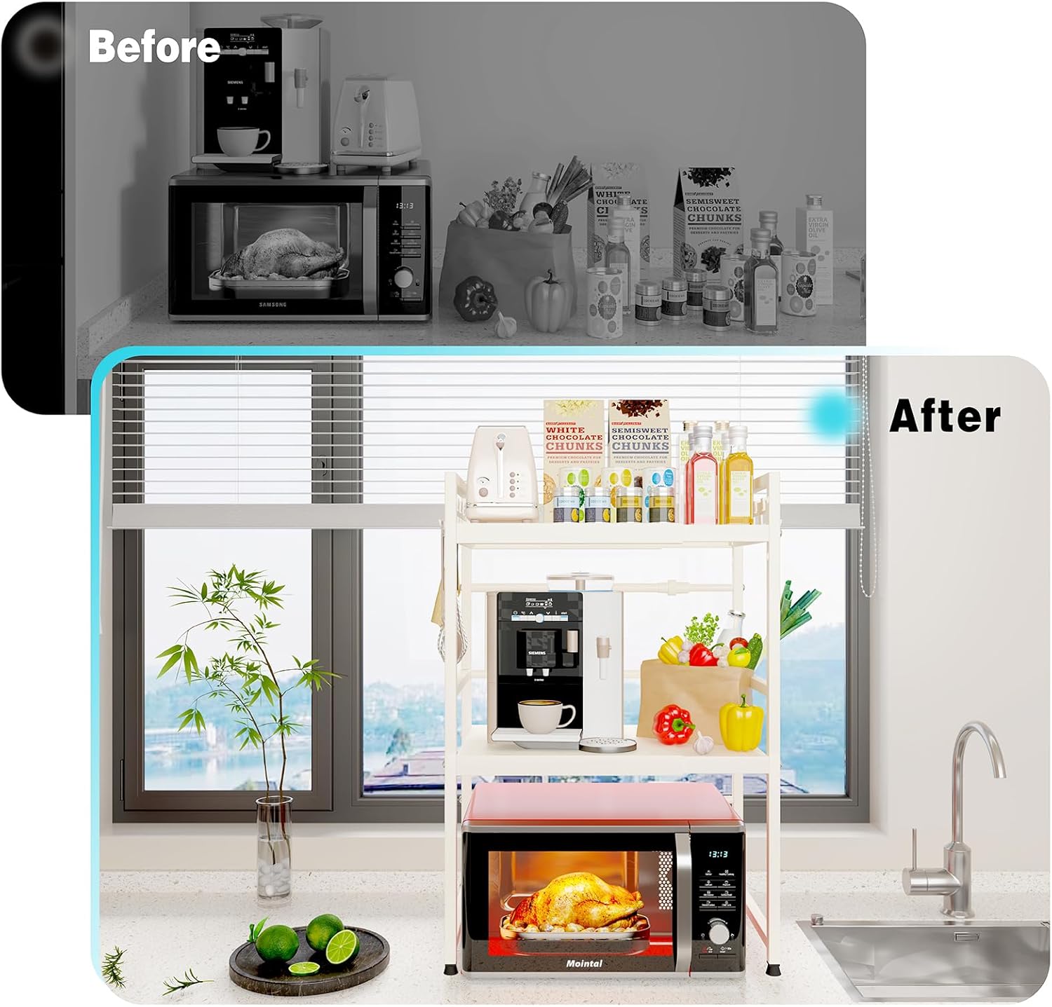 CARLA HOME 3-Tier Microwave Oven Rack with Adjustable Metal Kitchen Shelf Stand for Countertop Storage and 6 Hooks for Utensils-2050057511133908997