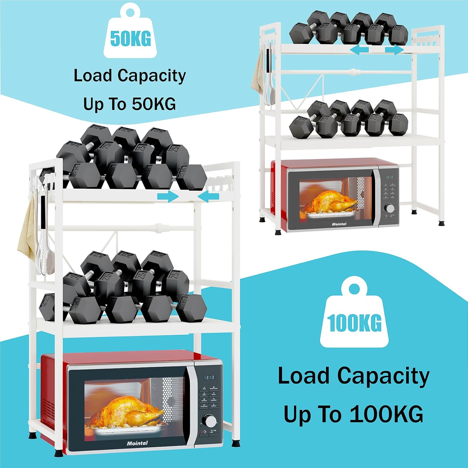 CARLA HOME 3-Tier Microwave Oven Rack with Adjustable Metal Kitchen Shelf Stand for Countertop Storage and 6 Hooks for Utensils-2050057511133908998