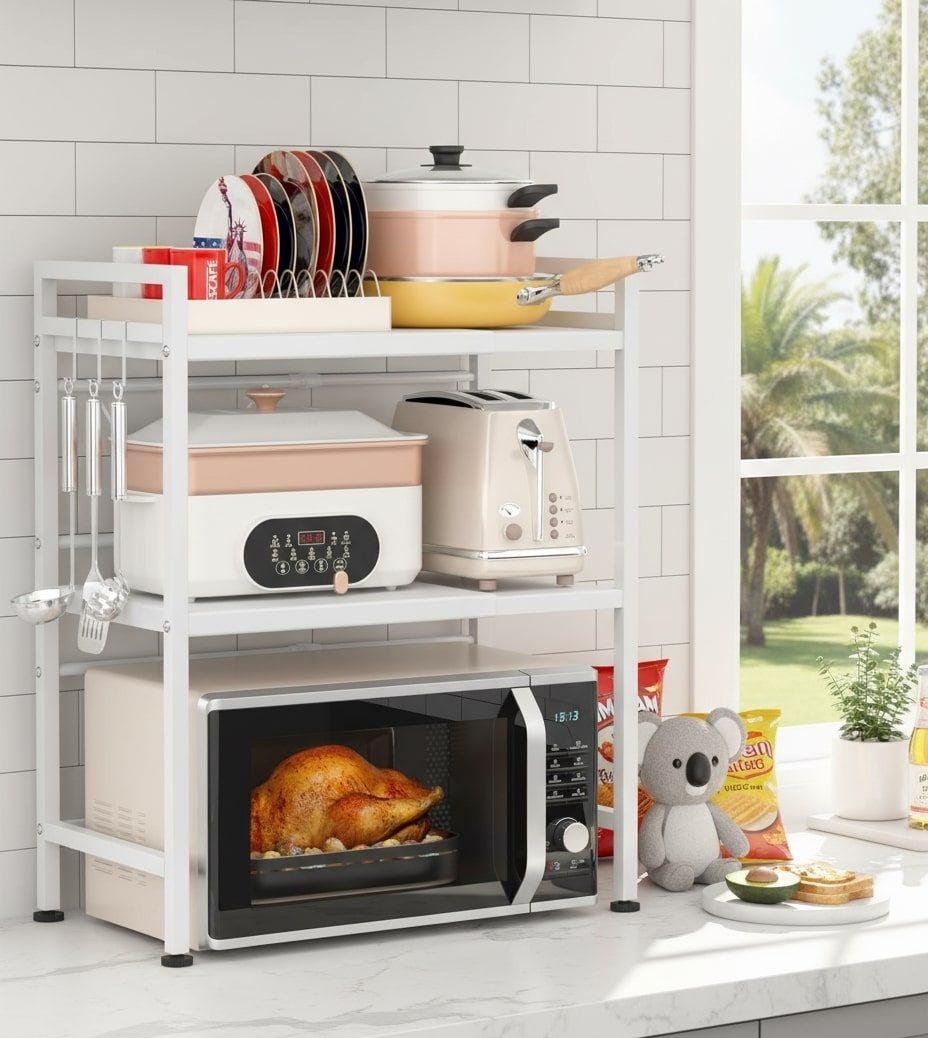CARLA HOME 3-Tier Microwave Oven Rack with Adjustable Metal Kitchen Shelf Stand for Countertop Storage and 6 Hooks for Utensils-2050057511133909000