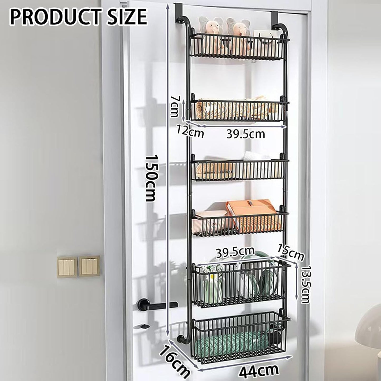 CARLA HOME 6-Tier Over the Door Organizer Heavy-Duty Metal Pantry Rack with Hanging Baskets for Home Kitchen Storage & Bathroom Door Organization (Black)-2050057511456870401