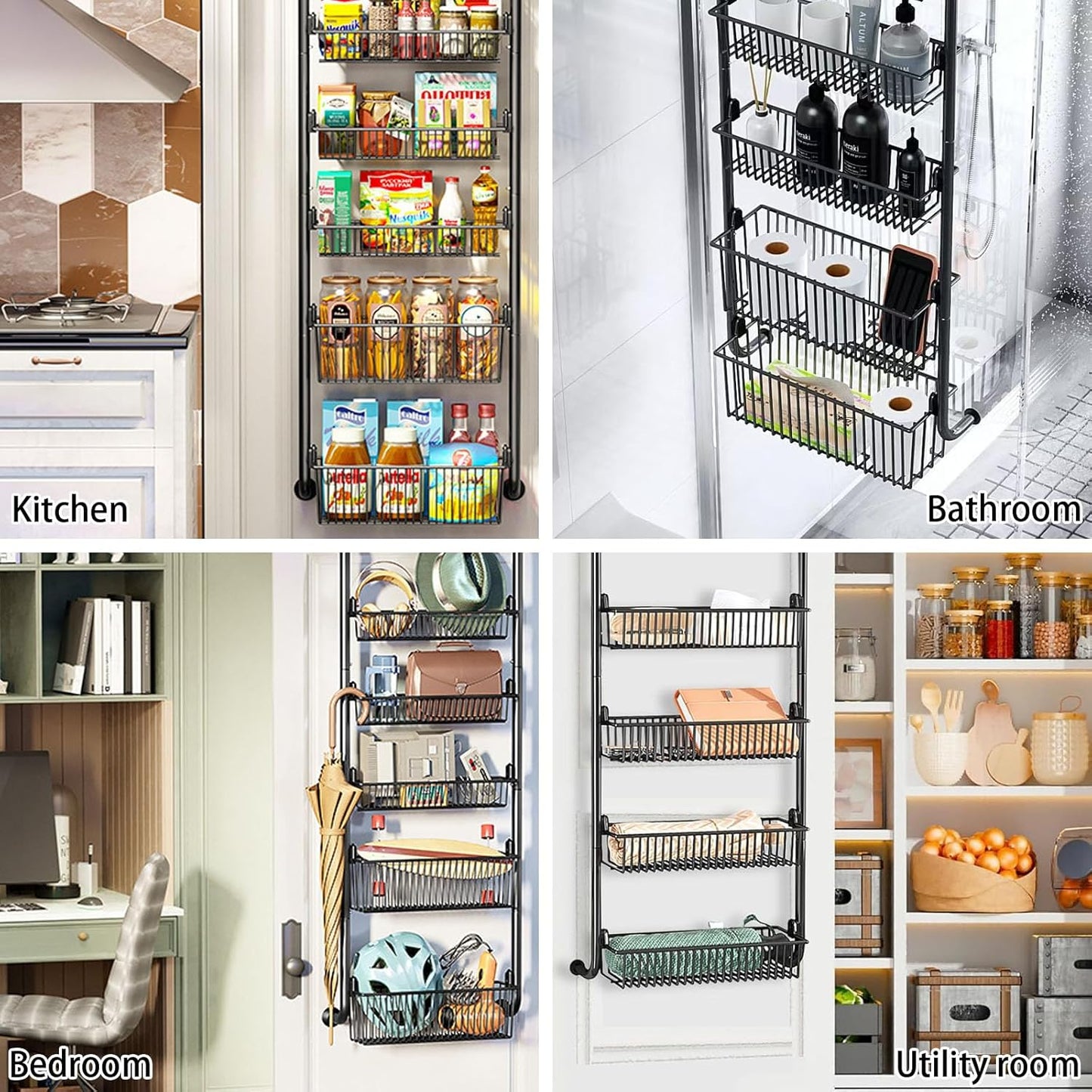 CARLA HOME 6-Tier Over the Door Organizer Heavy-Duty Metal Pantry Rack with Hanging Baskets for Home Kitchen Storage & Bathroom Door Organization (Black)-2050057511456870406