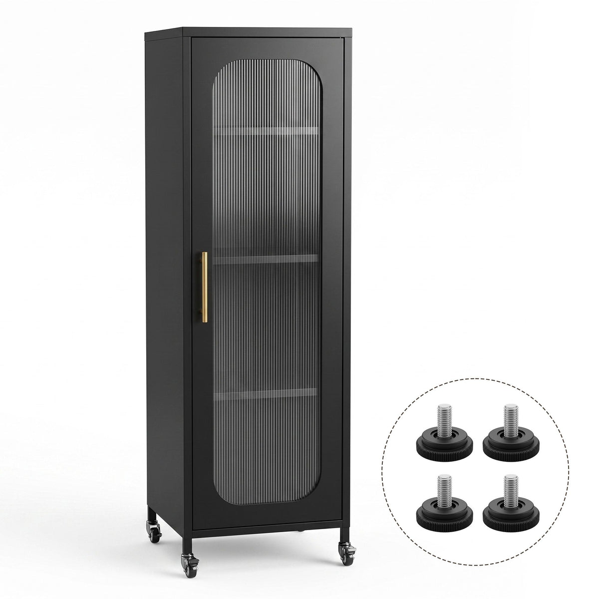 TWSC Buffet Cabinet Sideboard Slim Fluted Kitchen Storage Trolley Wheels Black