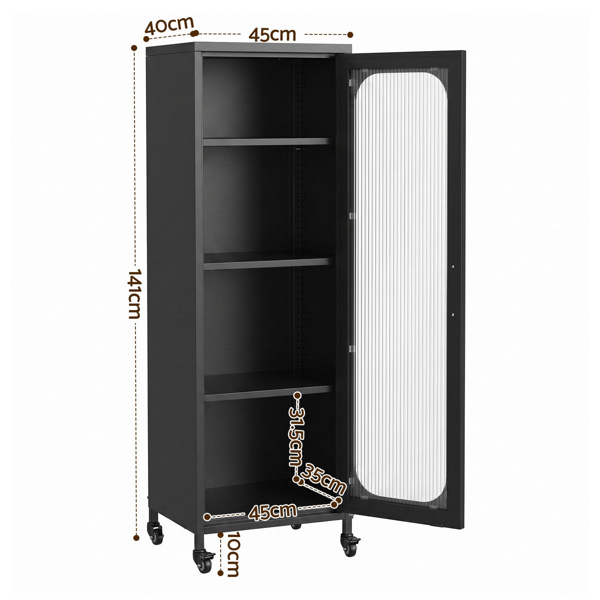 TWSC Buffet Cabinet Sideboard Slim Fluted Kitchen Storage Trolley Wheels Black